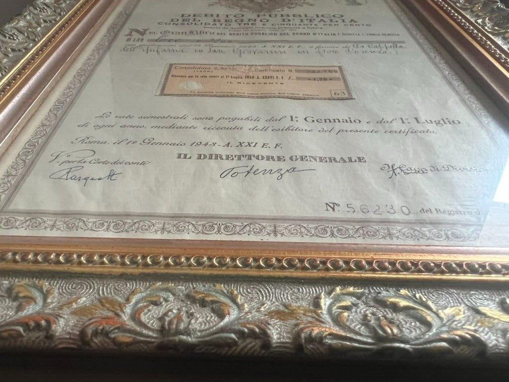 Regno Italie Paypal Publique Rendita Annua Roma 1943 Cadre D'Origine