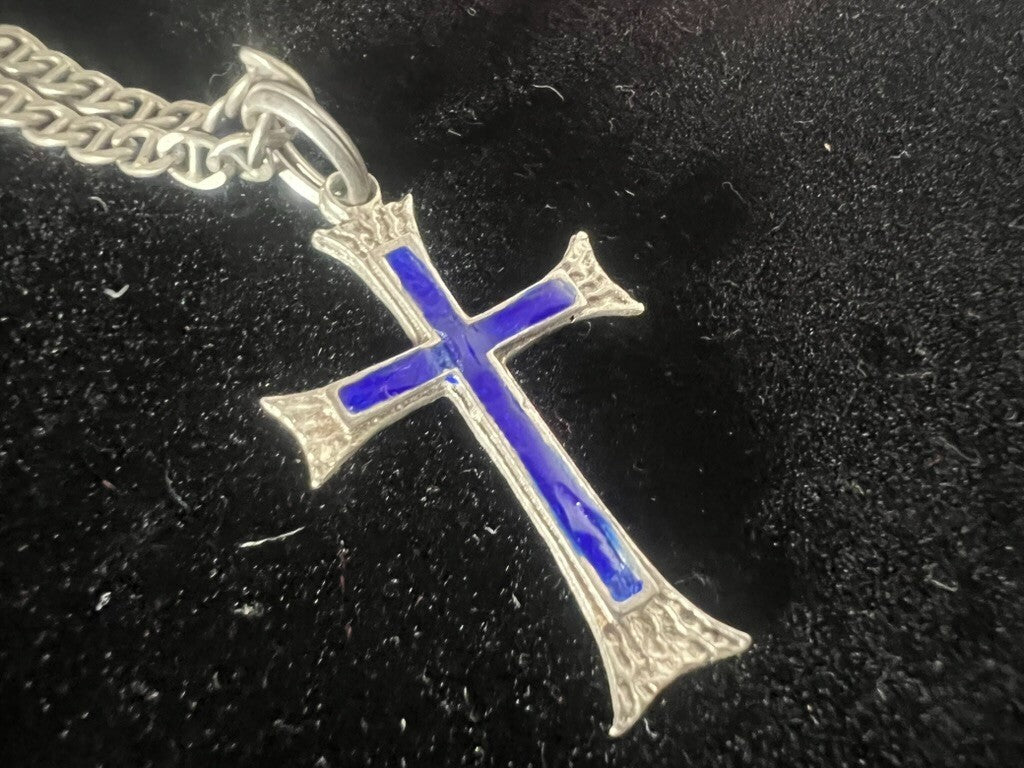 🔴 Collana ARGENTO 925 croce con smalti blu Lunghezza 50 centimetri