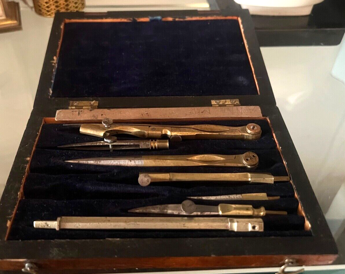 Compas Dessin Technique Laiton Cercle Boîte Bois Naturel Vintage 