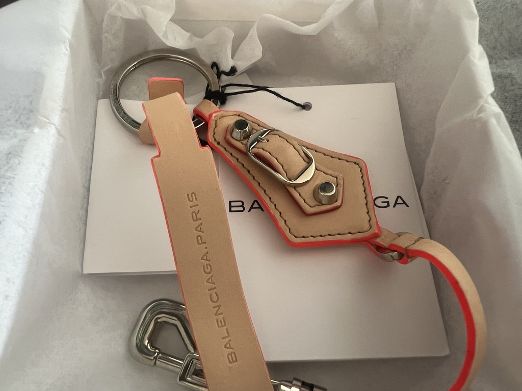 🔴 BALENCIAGA portachiavi pelle naturale bordi arancione fluo scatola garanzia