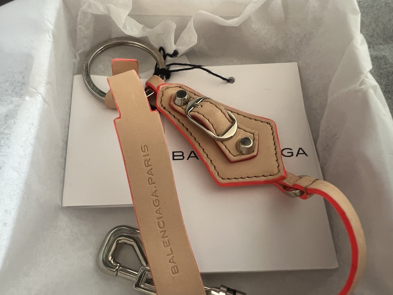 🔴 BALENCIAGA portachiavi pelle naturale bordi arancione fluo scatola garanzia