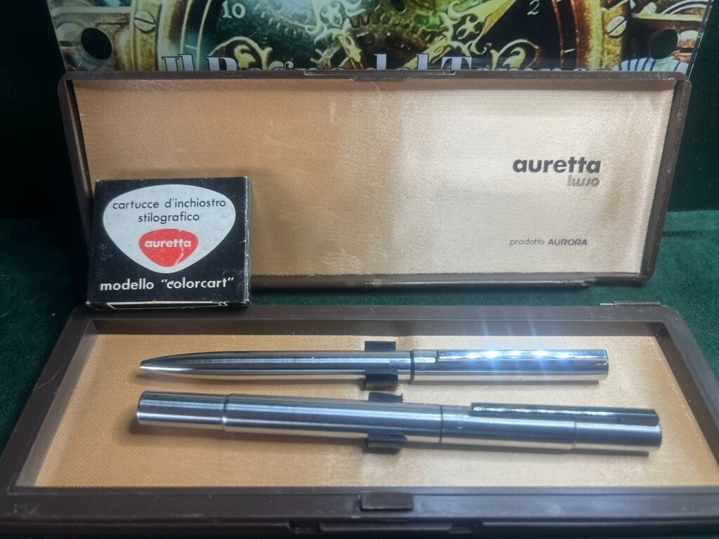 🔴 AURETTA penna stilografica By Aurora cromate lusso e sfera 2 PENNE vintage B