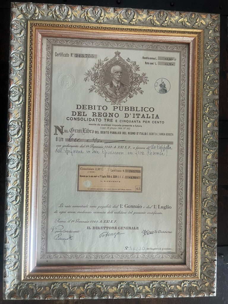 Regno Italie Paypal Publique Rendita Annua Roma 1943 Cadre D'Origine