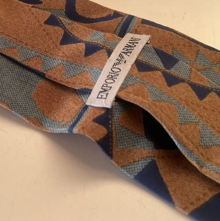 🔴 EMPORIO ARMANI cravatta uomo seta pura inserti stile greco blu azzurro beige