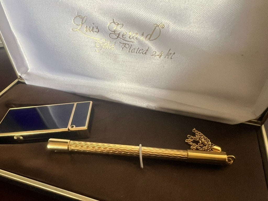 Luis Gerard Briquet Laque Bleu Fonctionne Et Stylo-Plume Plaqué Or 24 KT