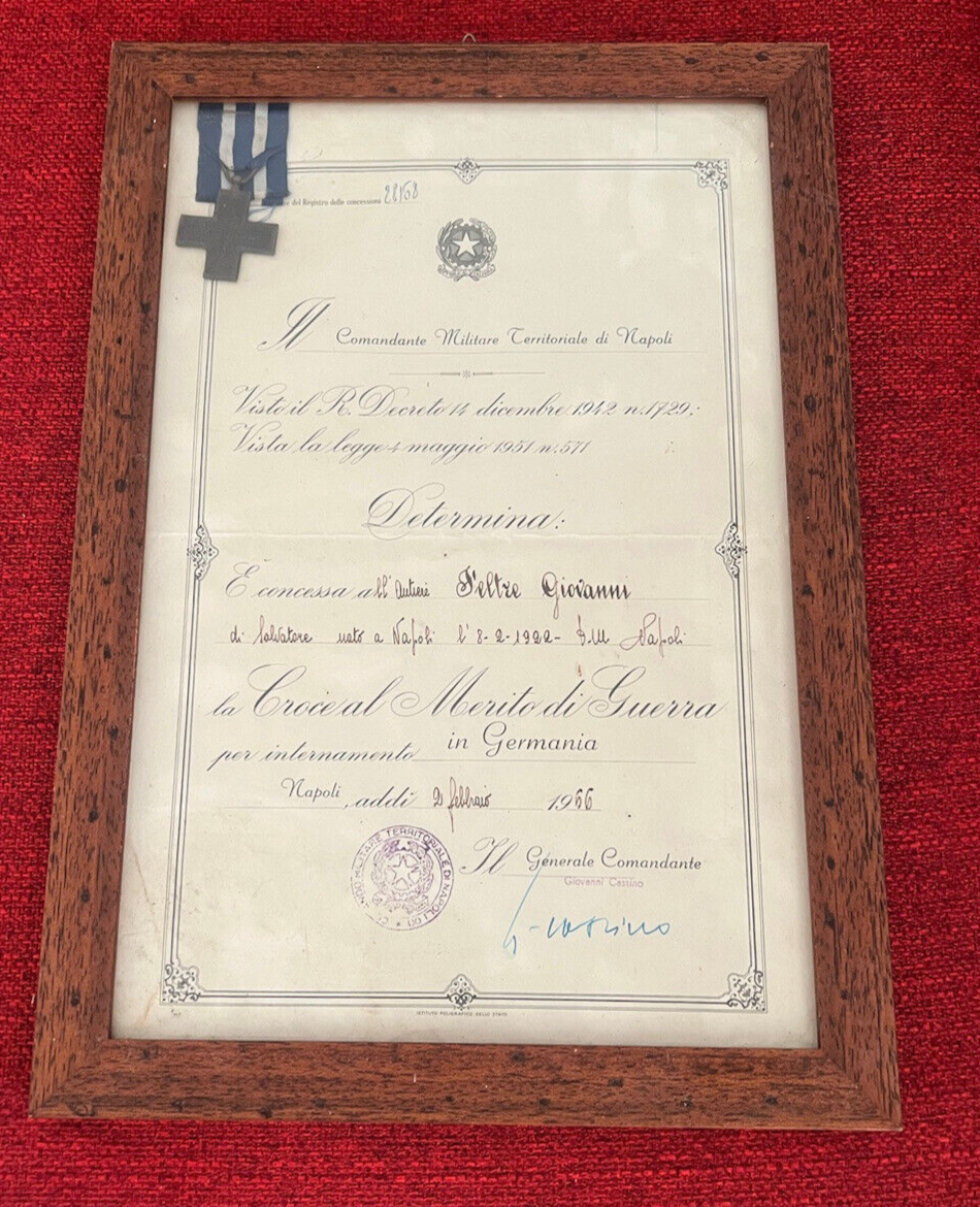 🔴 Attestato MERITO E CROCE guerra Italia Germania 1966 quadro timbri ORIGINALE