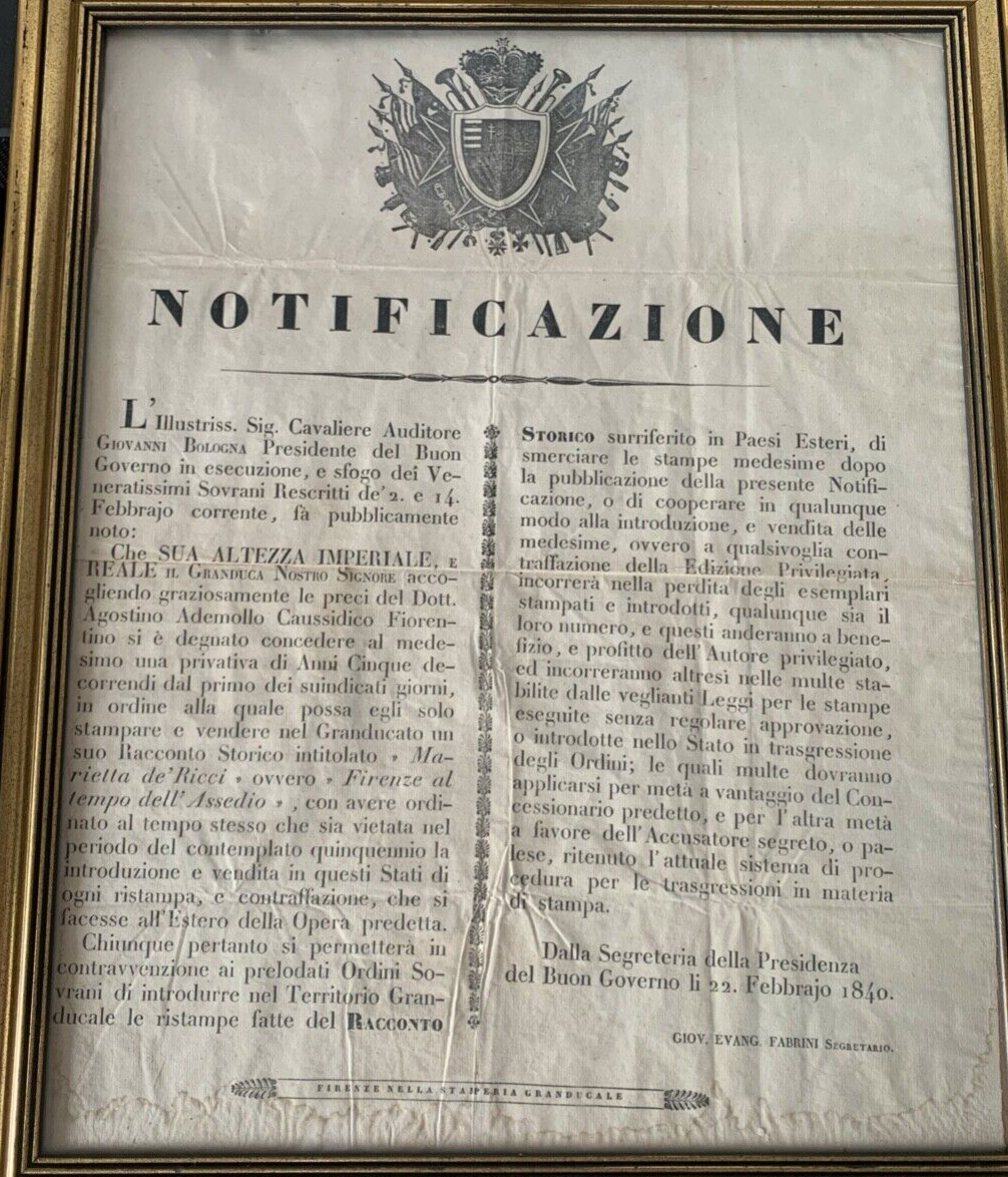 Regno Italie, Notification Autorisation Impression Al Cavaliere Florence 1840