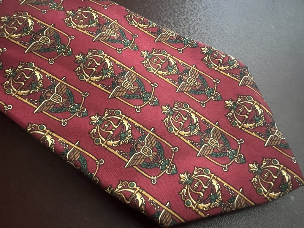 Salvatore Ferragamo Cravate Soie Rouge Raison Armoiries Doré Vintage