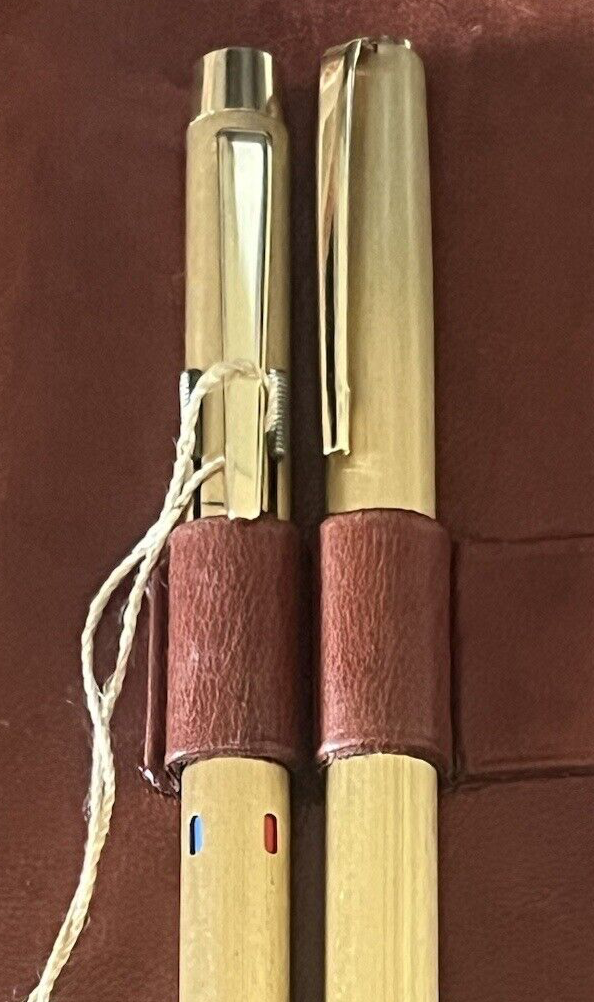 🔴 Penna sfera 4 colori LAMINATE ORO 24 CARATI + ROLLER astuccio pelle vintage