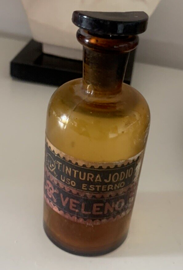🔴 Bottiglia vetro AMPOLLA tintura Iodio medica laboratorio VINTAGE vetro h. 11
