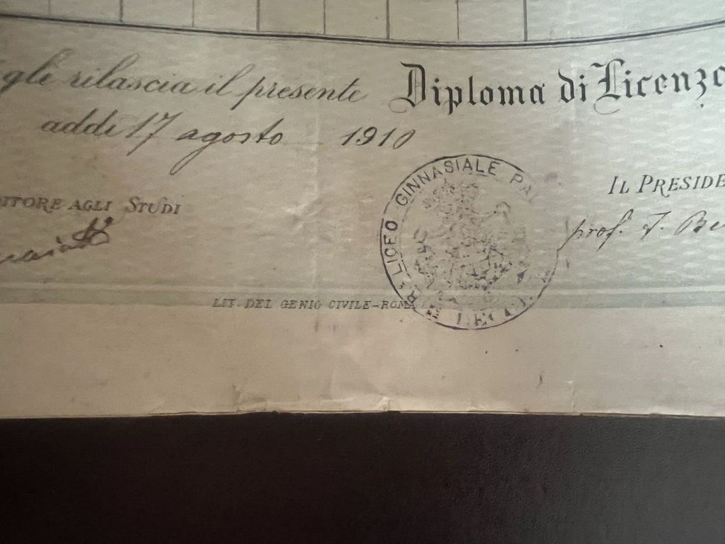 Regno D'Italie Diplôme Licence Lycéen Timbre D'Origine 17 Août 1910