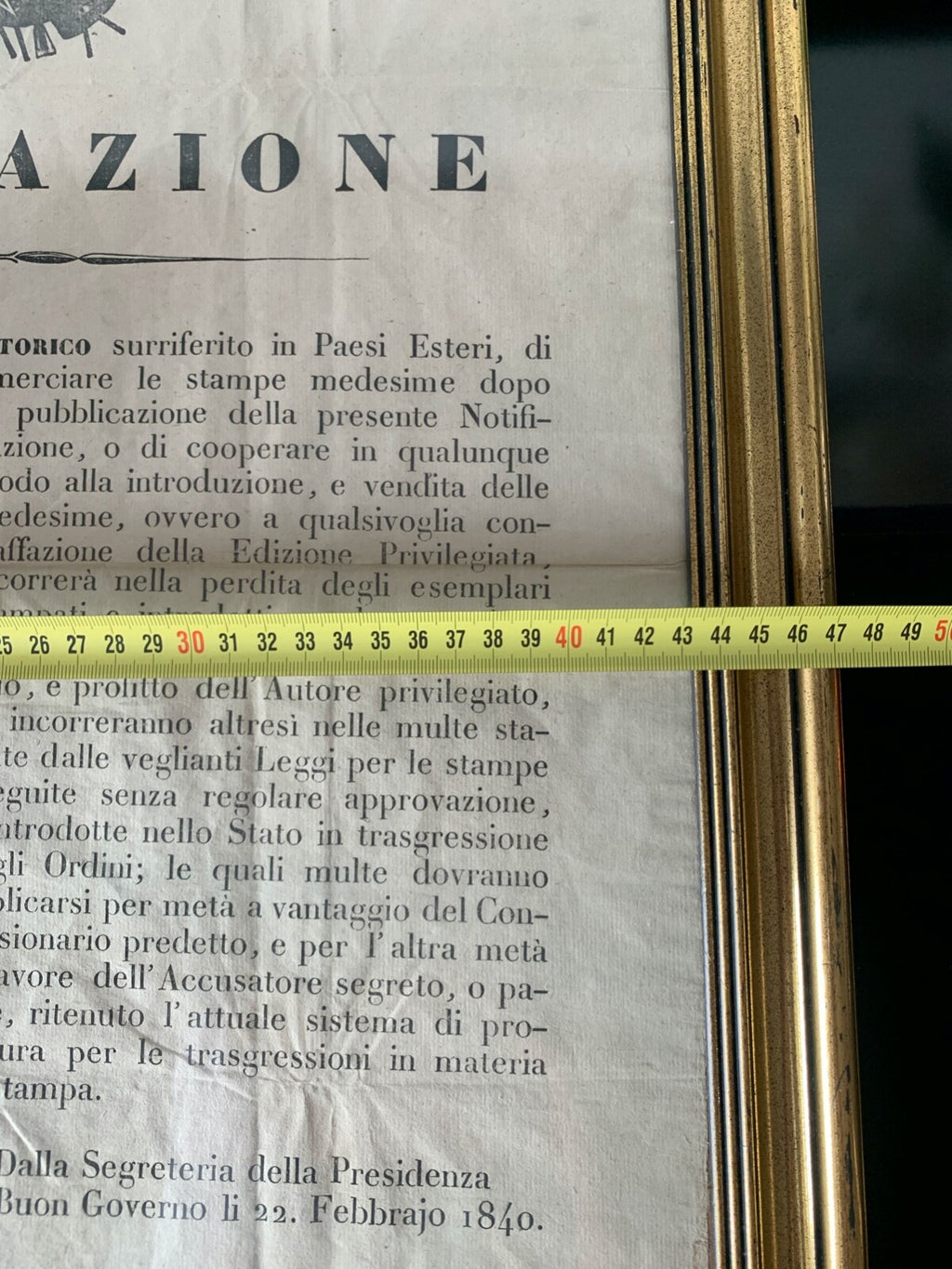 Regno Italie, Notification Autorisation Impression Al Cavaliere Florence 1840
