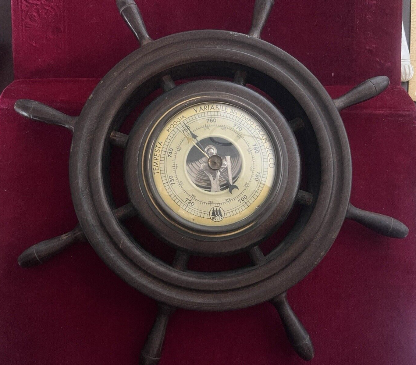 🔴 HUGER Mechanisches, hölzernes, wandmontiertes Bootsruderbarometer, funktionsfähig, Vintage 