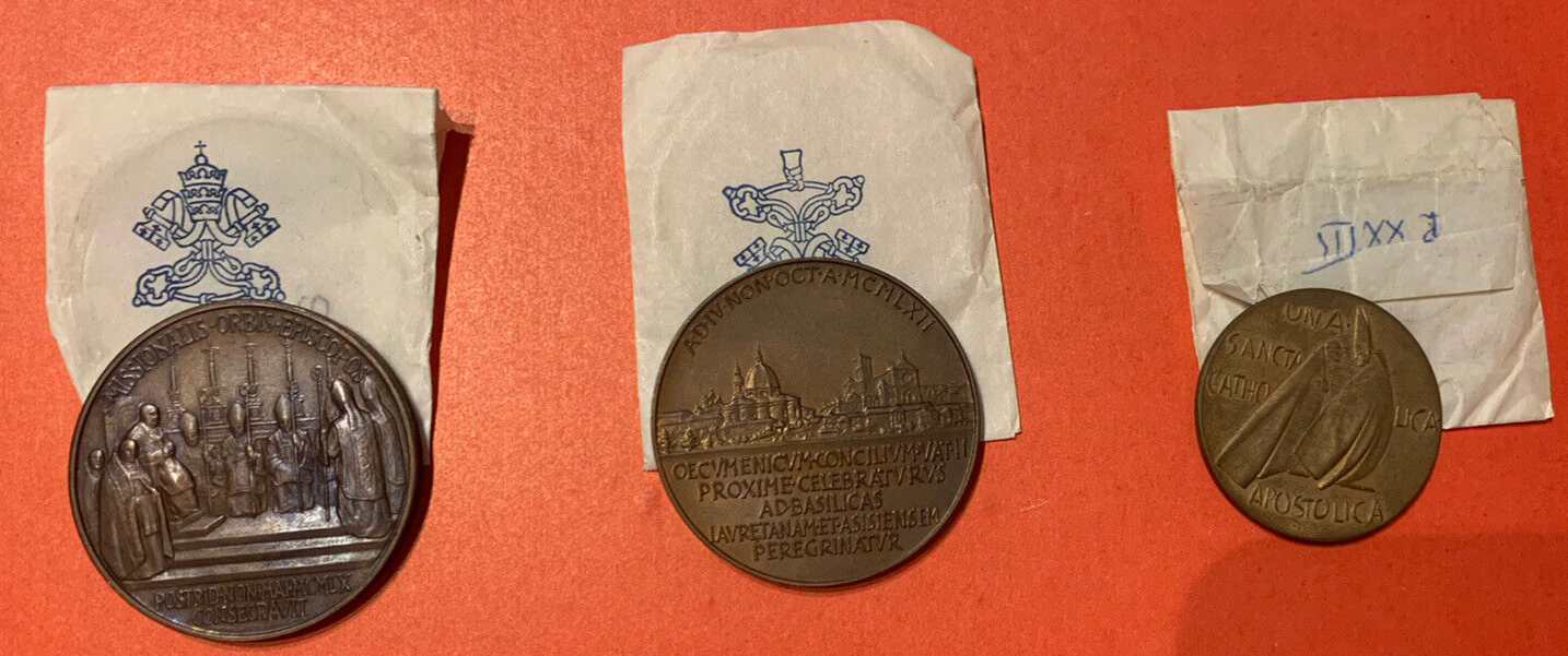 🔴 Konvolut von 3 Medaillen von Johannes XXIII., Jahre V, II, ÖKUMENISCHER RAT 1962, Ersttagsbrief 