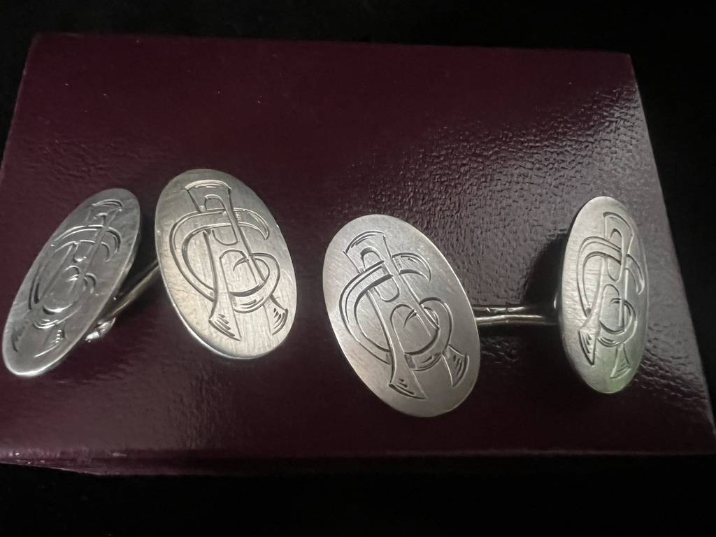 Men's Cufflinks Metal Engraved Ovals With Initials AC Intertwined Vintage 