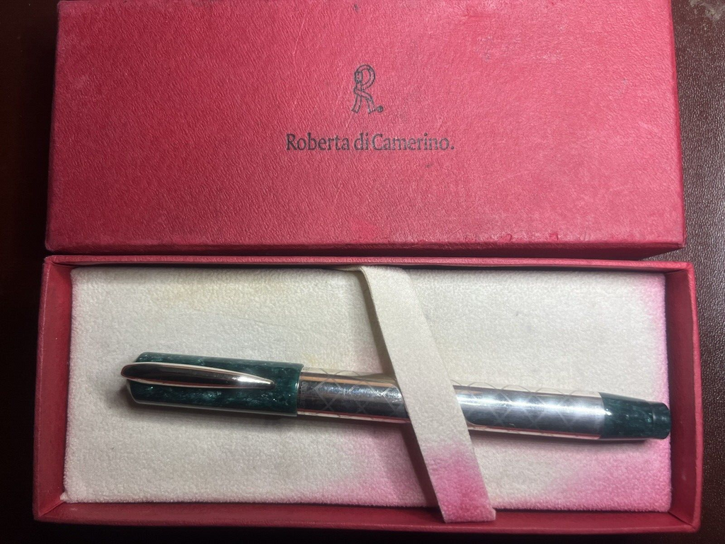🔴 ROBERTA DI CAMERINO penna sfera ARGENTO 925 con particolari verde brillanti
