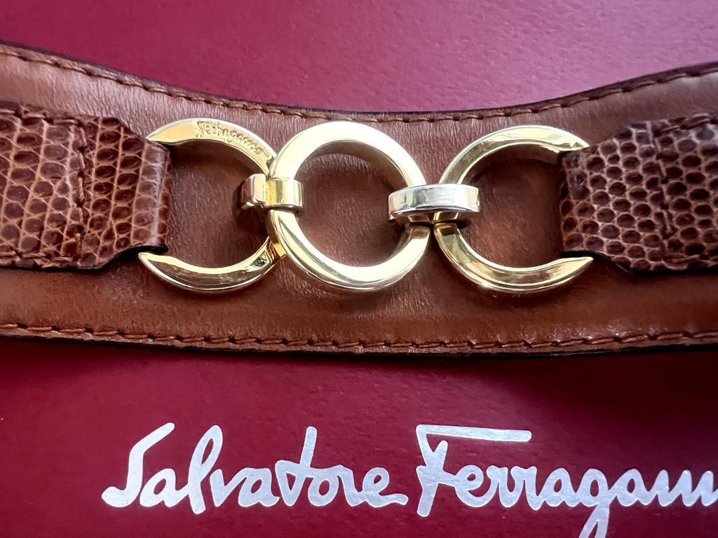 🔴 SALVATORE FERRAGAMO donna cinta cintura marrone ganci dorati con segni L 87