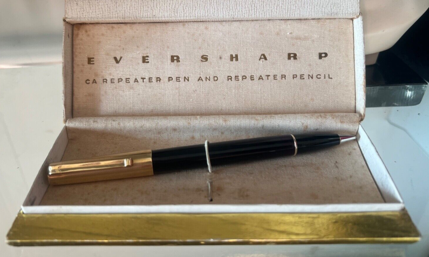 🔴 EVERSHARP penna sfera cappuccio laminato oro con scatola RARA VINTAGE