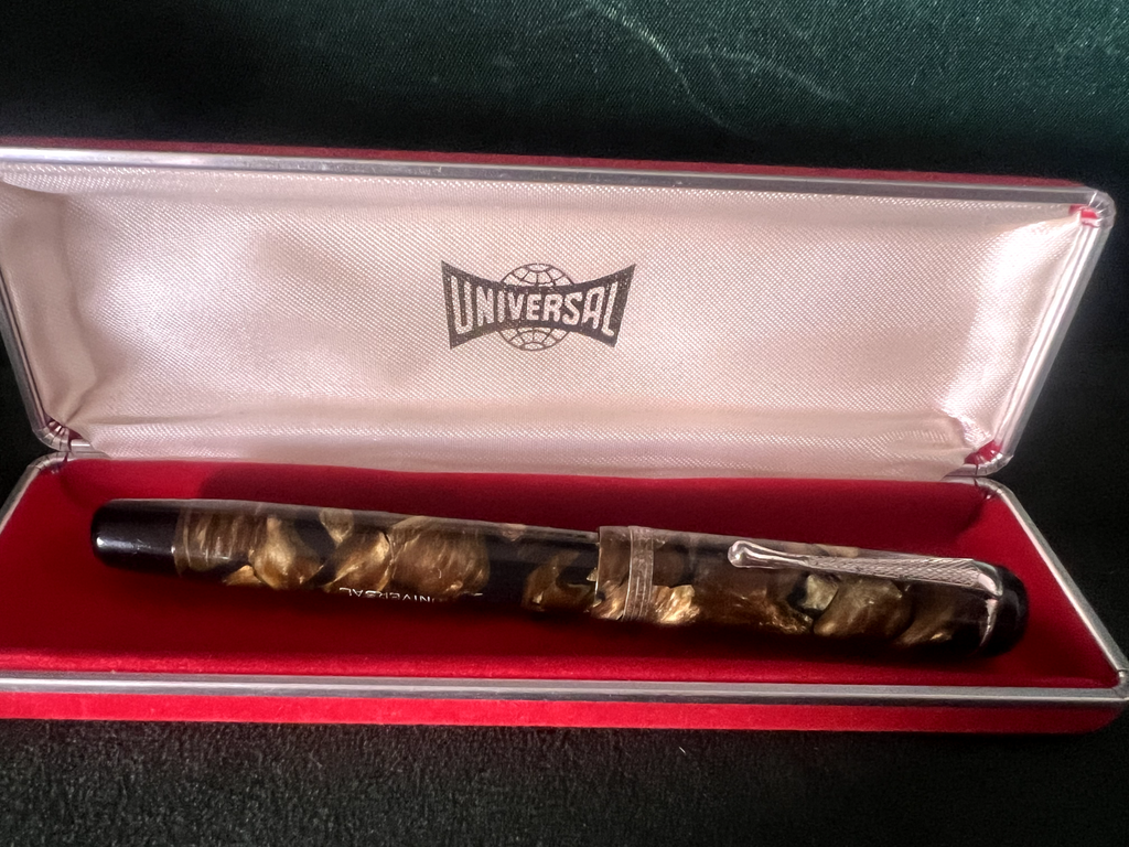 🔴 UNIVERSAL penna stilografica celluloide con pulsante scrive vintage 1940