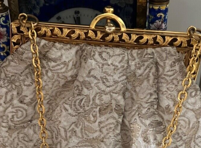 🔴 BORSA donna pochette fili DORATI bianca con ceselli e catena ART DECO'