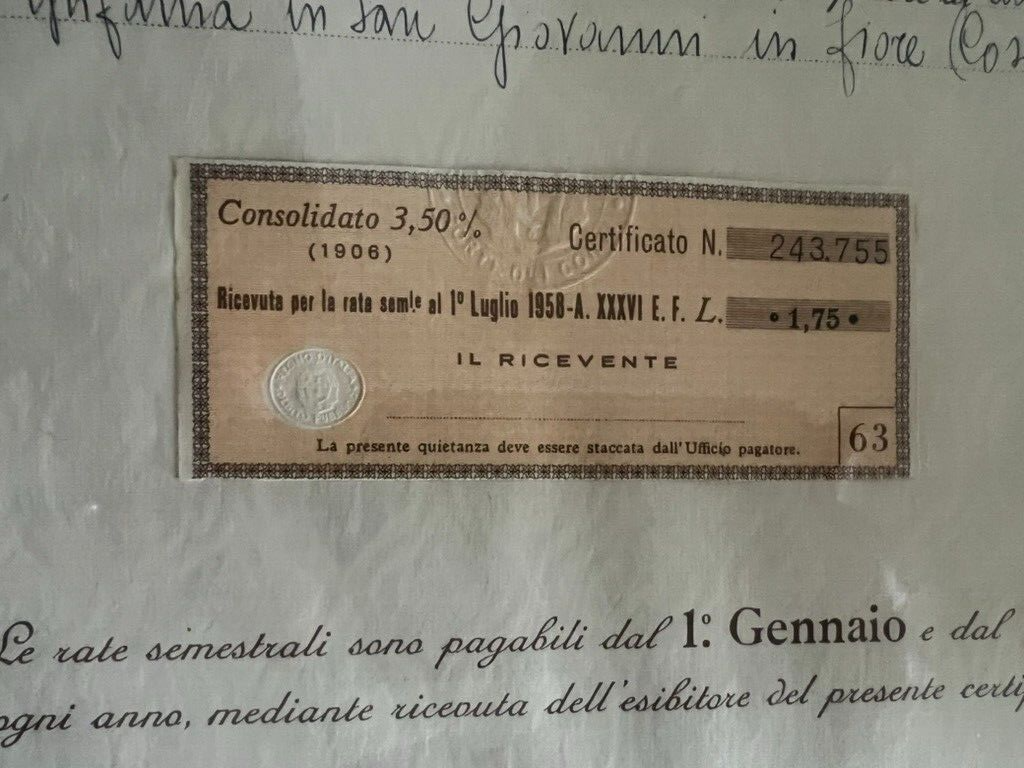 🔴 REGNO ITALIA debito pubblico rendita annua Roma 1943 quadro cornice ORIGINALE
