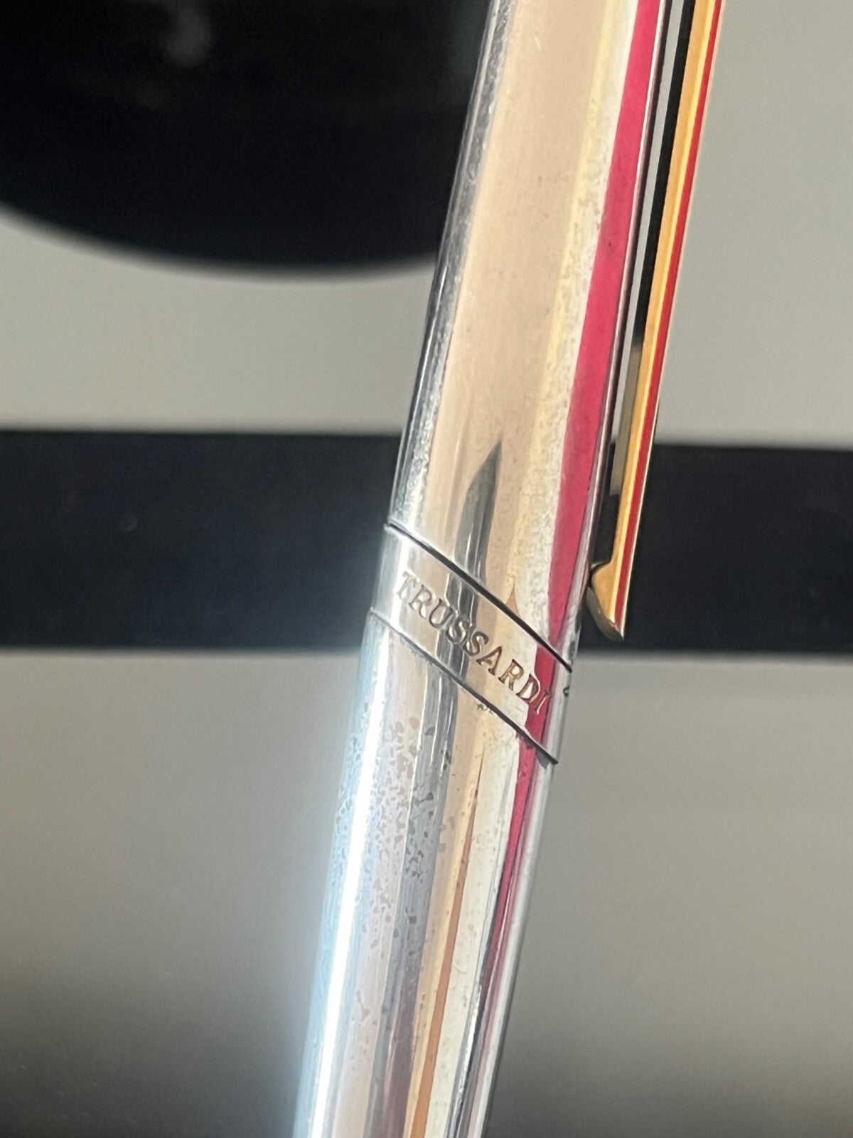 🔴 TRUSSARDI penna sfera cromata profili dorati scrive porta occhiali VINTAGE