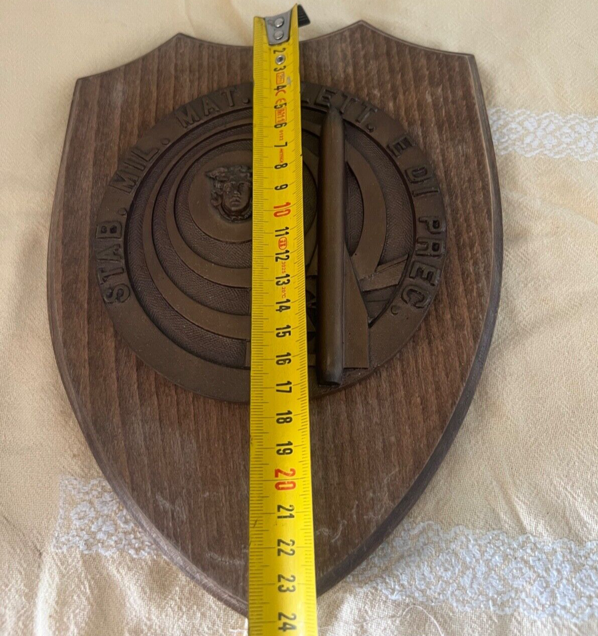 🔴 MILITARE CREST stabilimento MATERIALI ELETTRONICI scudo legno ottone vintage