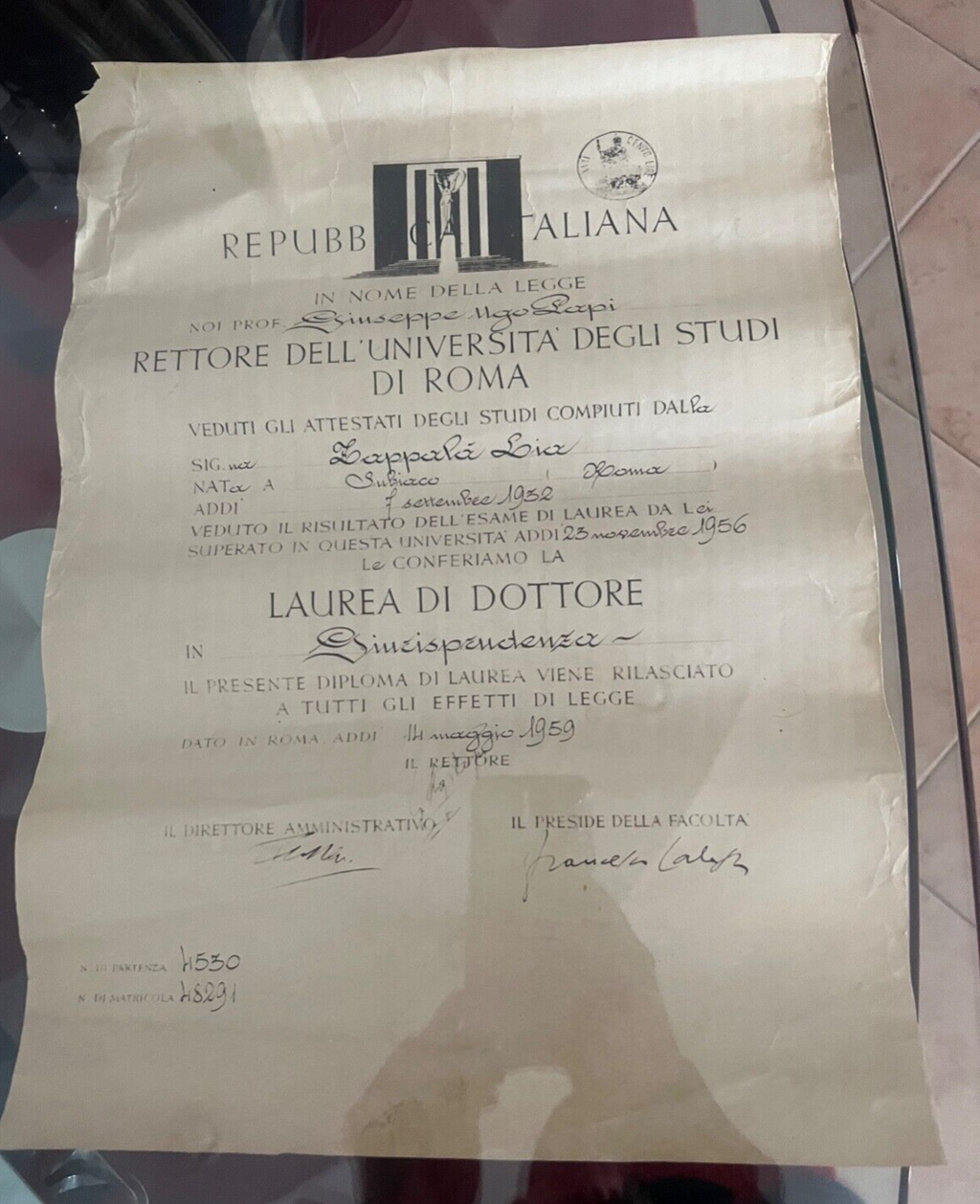 🔴 Laurea REPUBBLICA ITALIANA dottore in GIURISPRUDENZA Roma del 1959 ORIGINALE