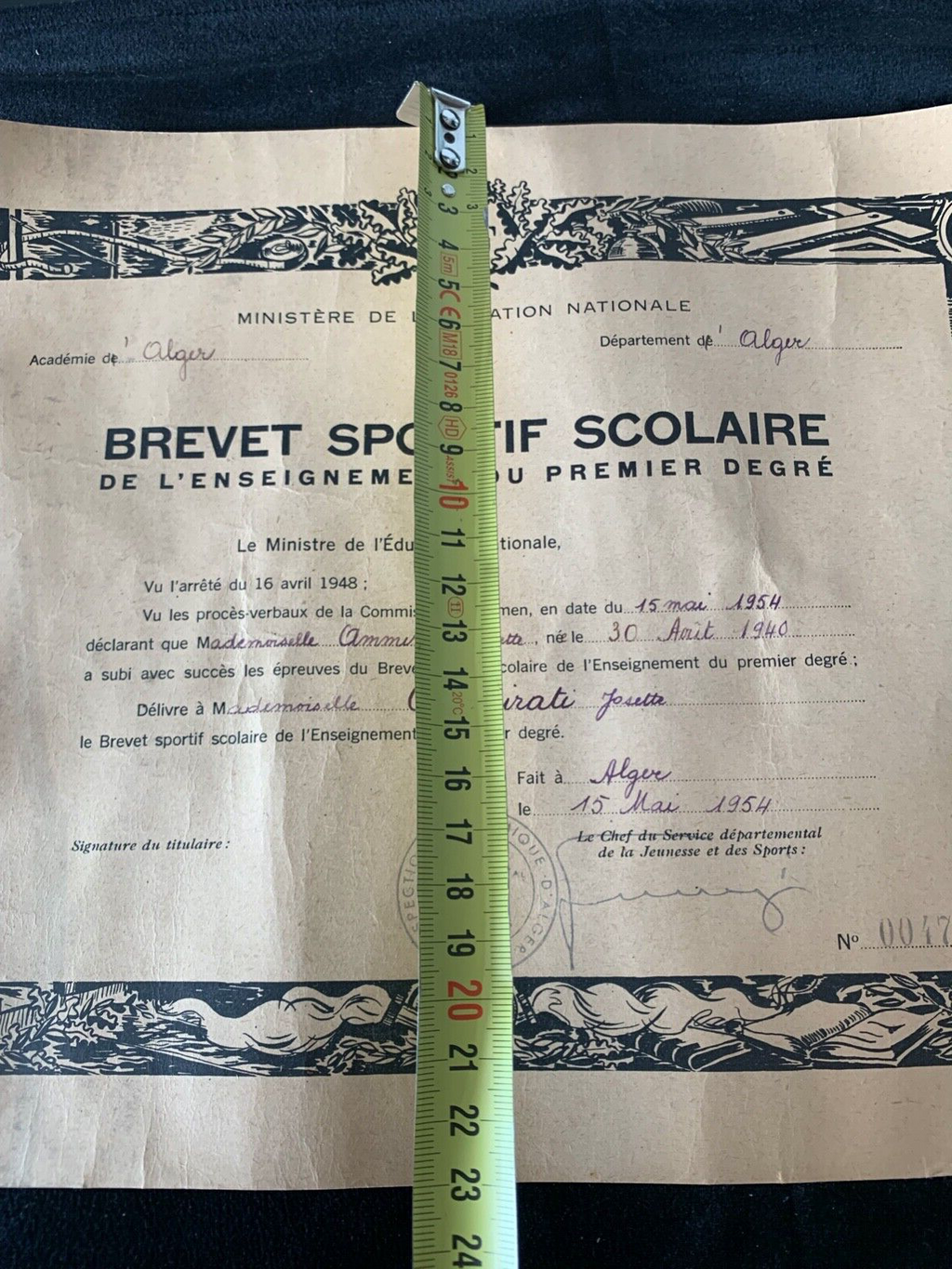 Impression Brevet Sport De École, Algérie En Français 1954