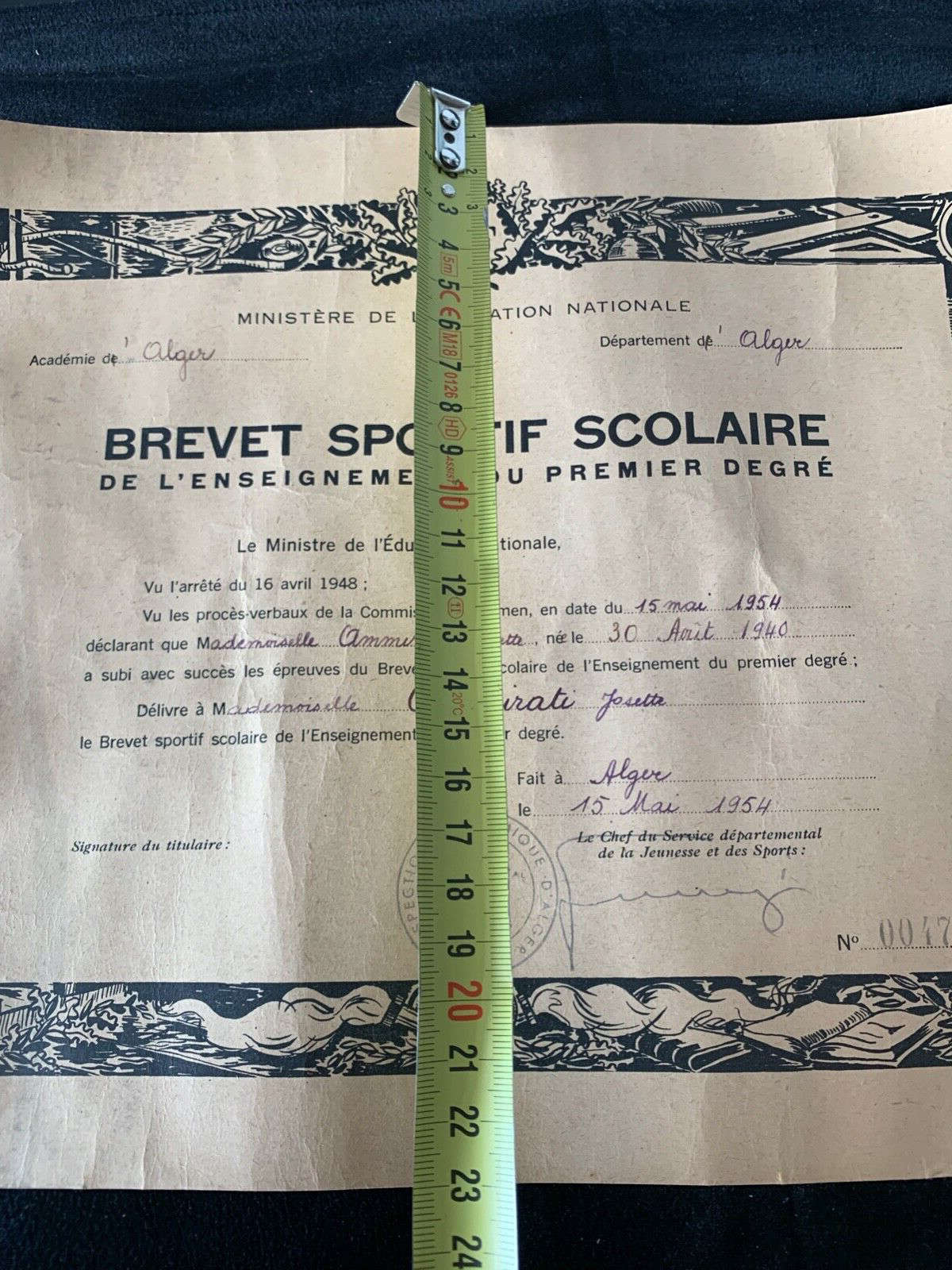 Impression Brevet Sport De École, Algérie En Français 1954