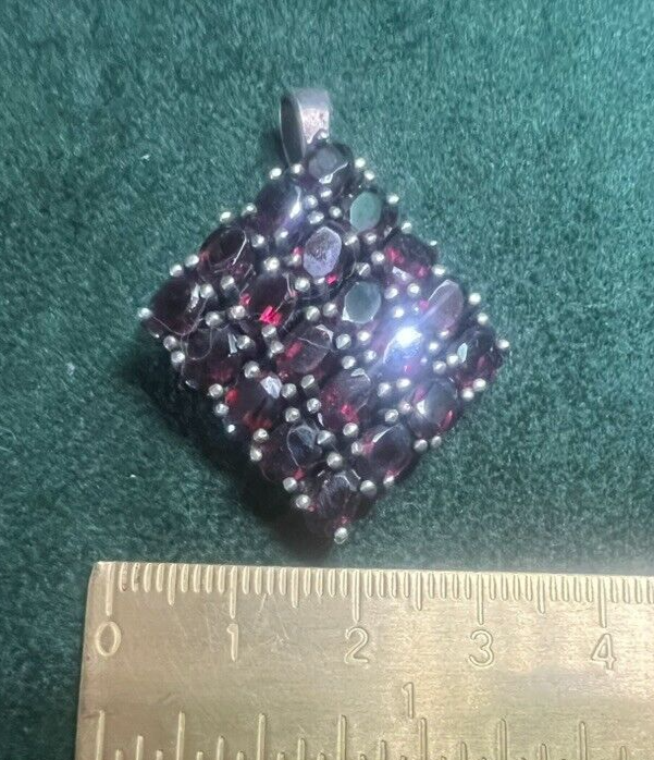 🔴 Ciondolo donna ARGENTO 925 grande rombo di granati naturali ovali vintage