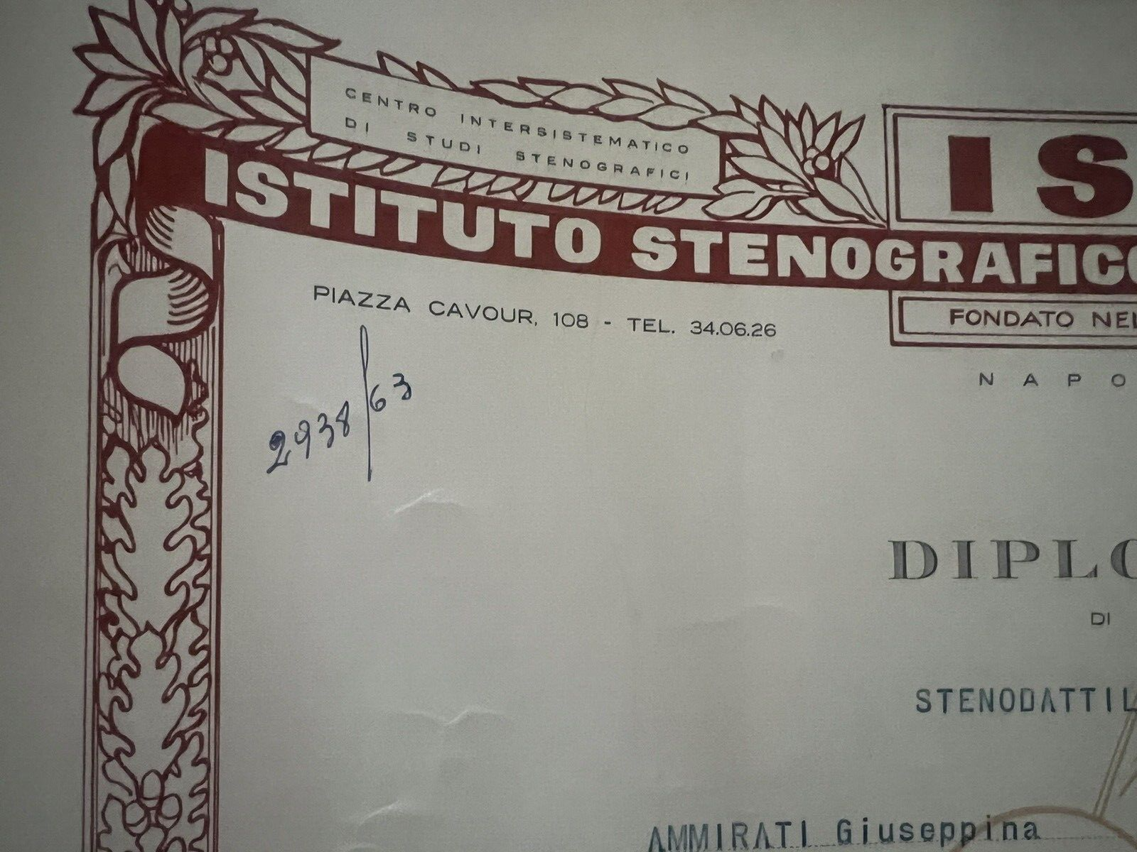 Diplôme Stenodattilografia Isi Institut Stenografico Intersistematico 1963