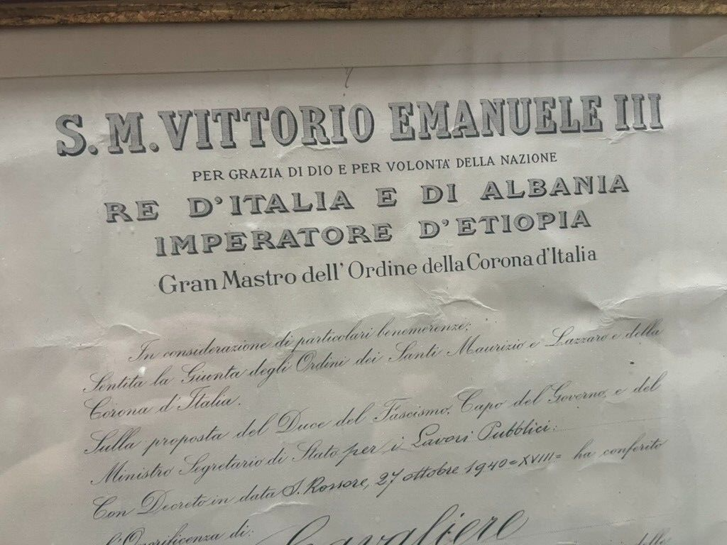 Cavaliere Certificat Vittorio Emanuele III Cadre D'Origine 27 Octobre 1940