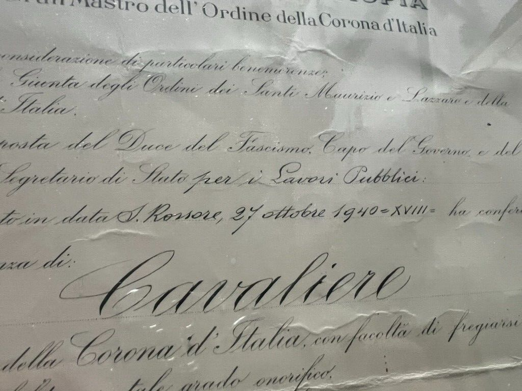 Cavaliere Certificat Vittorio Emanuele III Cadre D'Origine 27 Octobre 1940