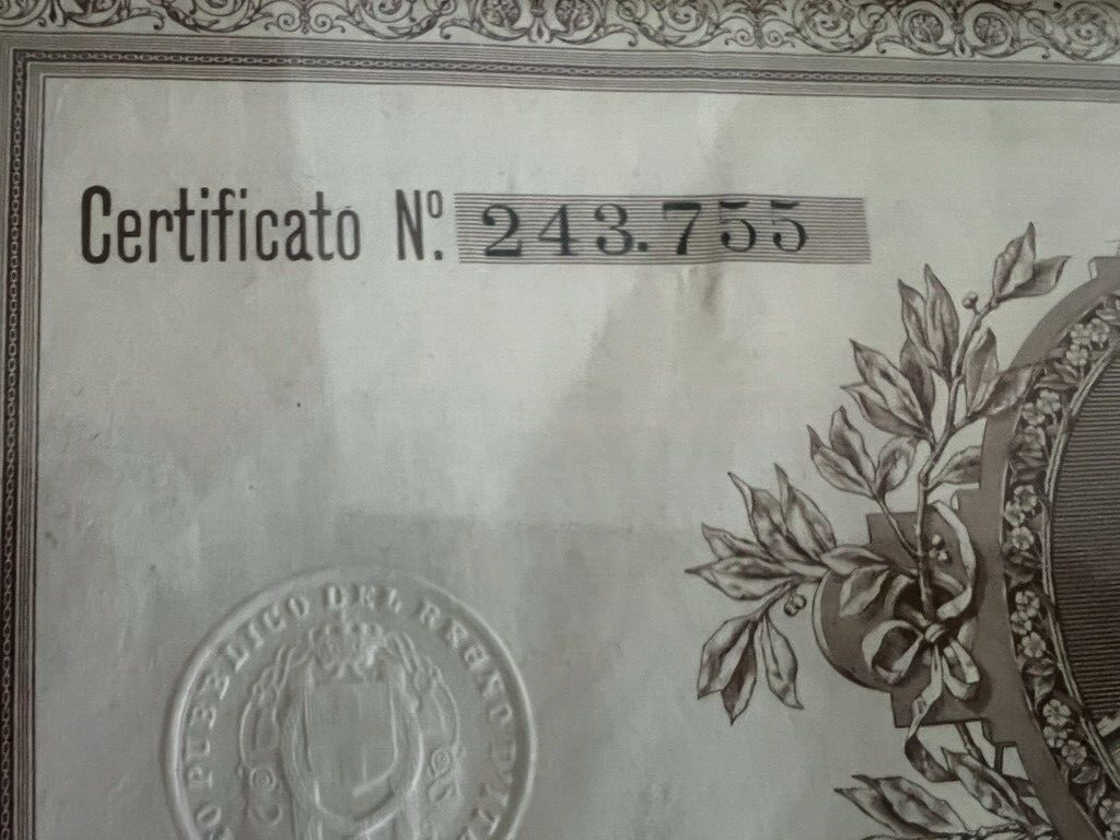 Regno Italie Paypal Publique Rendita Annua Roma 1943 Cadre D'Origine