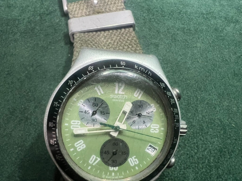 🔴 SWATCH orologio polso chrono CORAGGIOSO verde militare cinturino tessuto