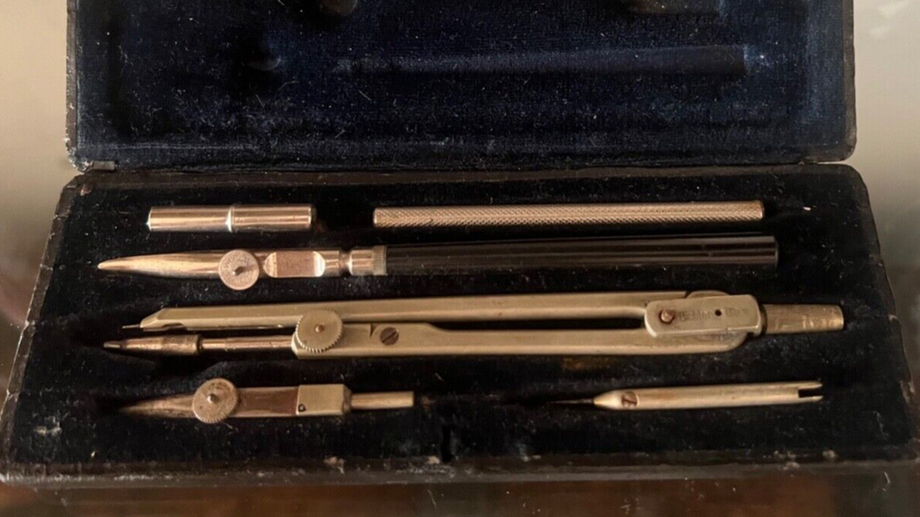 🔴 RICHTER Zirkel, technische Zeichenbox, Samt, Holz, Leder, komplett, VINTAGE 