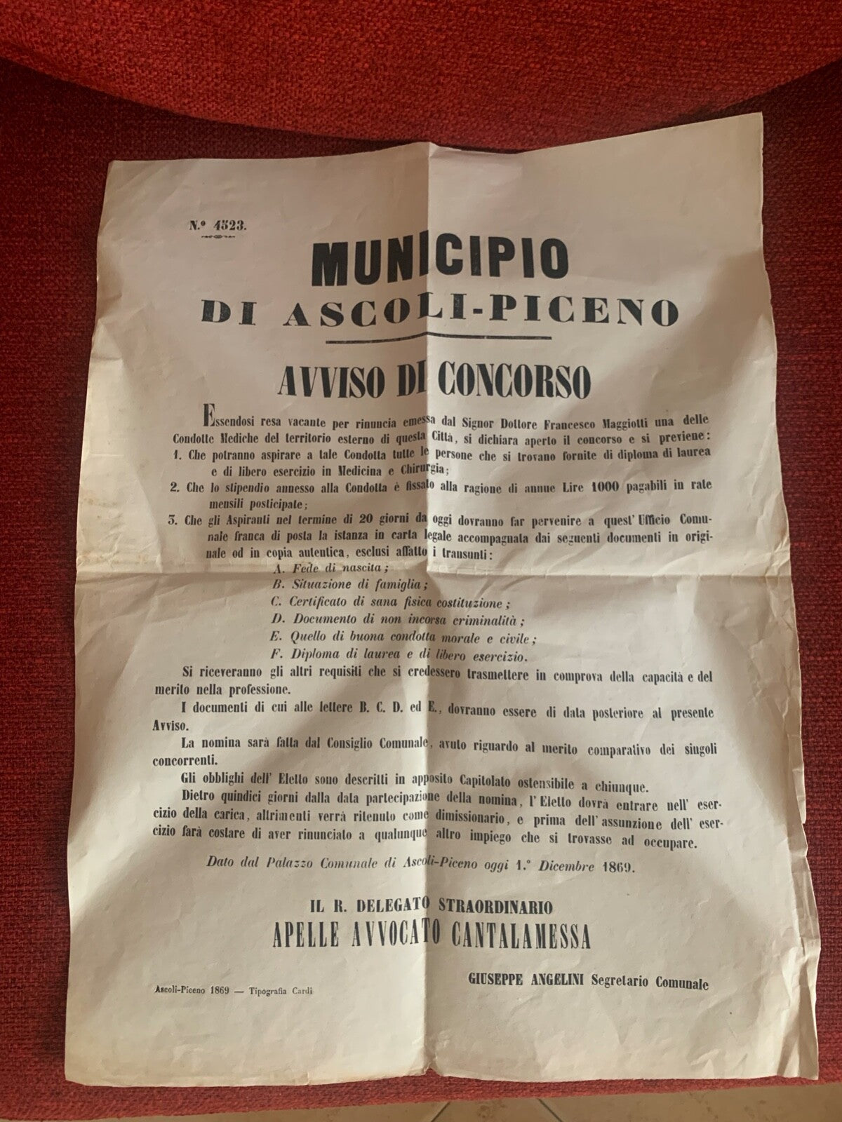 🔴 Stampa Avviso di concorso di Ascoli Piceno MEDICINA E CHIRURGIA epoca 1869