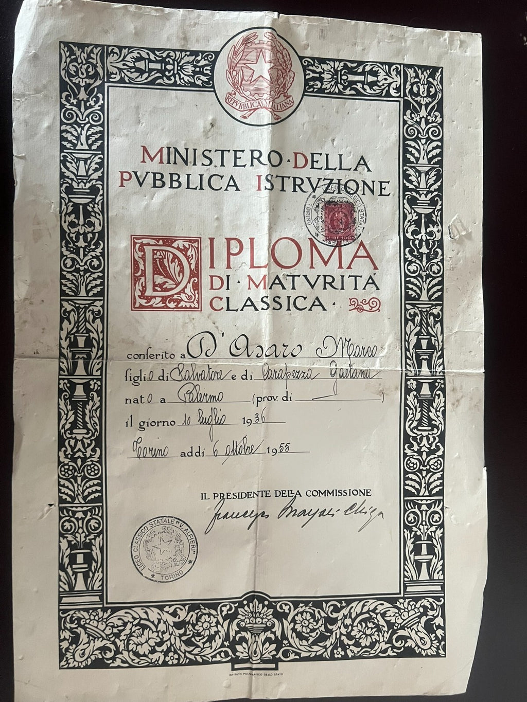 Graduation Diploma Classic Italian With Stamp Stamps Votes 6 October 1955 