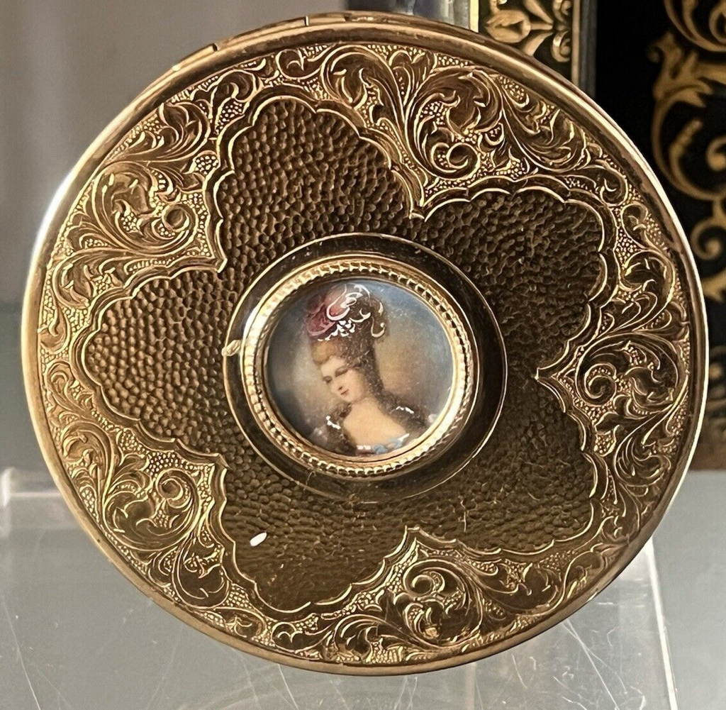 🔴 Porta cipria MINIATURA DONNA laminato oro ceselli specchio vintage