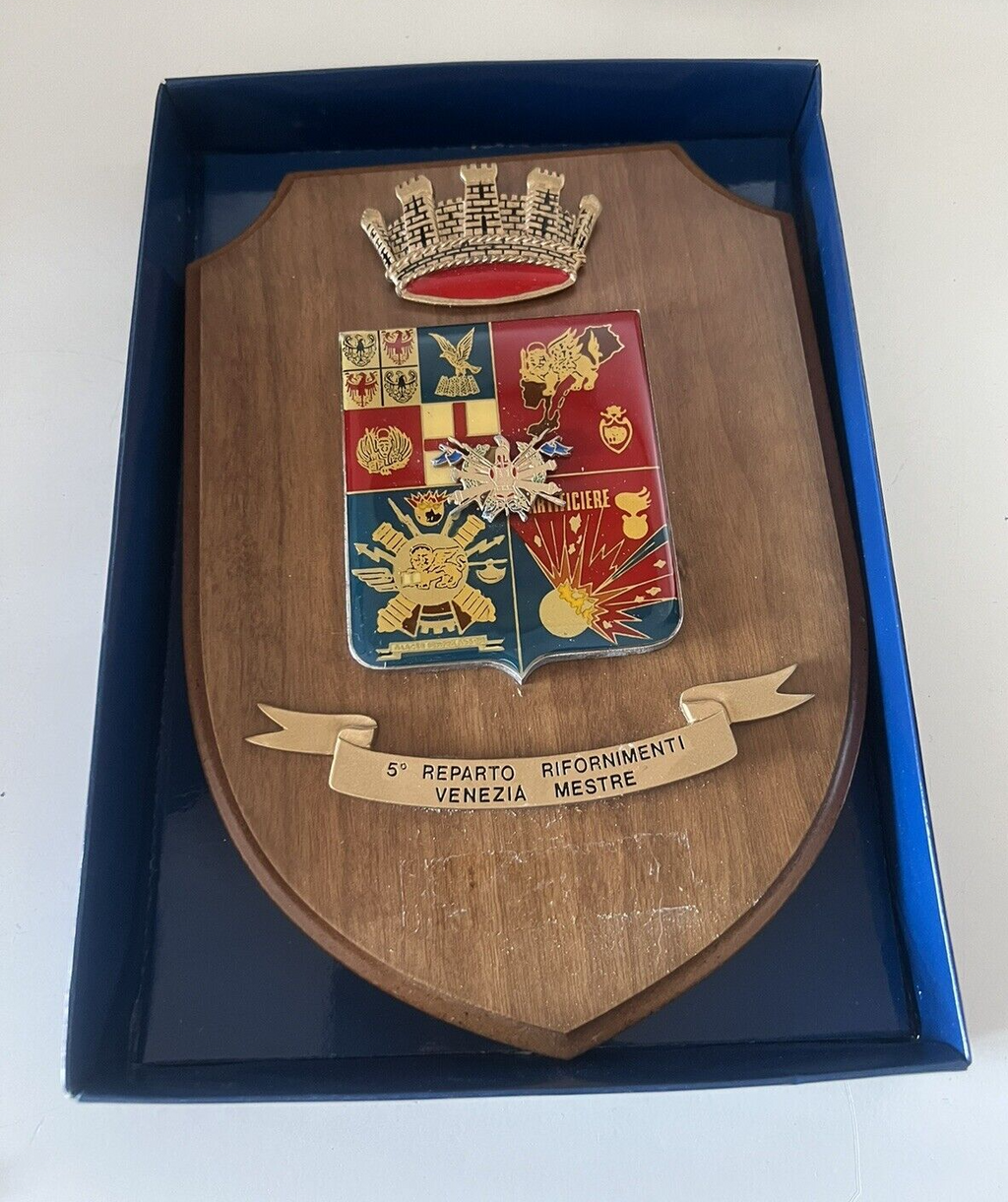 🔴 Crest militare REP RIFORNIMENTI VENEZIA E MESTRE scudo legno metallo vintage