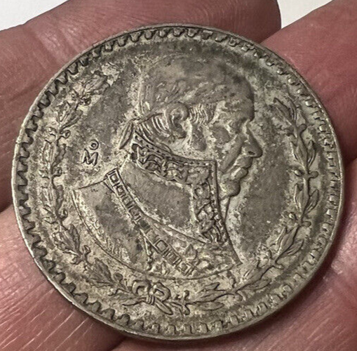 Monnaie Argent Mexicain 1 Poids Del 1957 Bord Gravé Avec Patine Originale