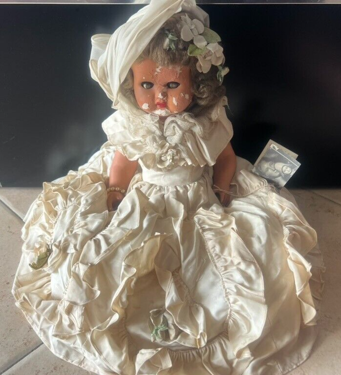 Poupée De Céramique Avec Robe Cousu À Main Hauteur 47cm Arts Articulé Vintage