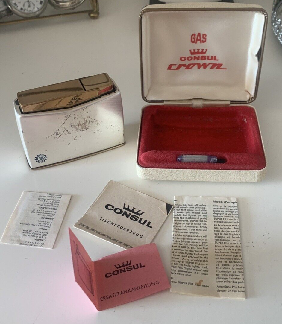 🔴 CONSUL CROWN accendino a gas con astuccio ed istruzioni FUNZIONANTE vintage