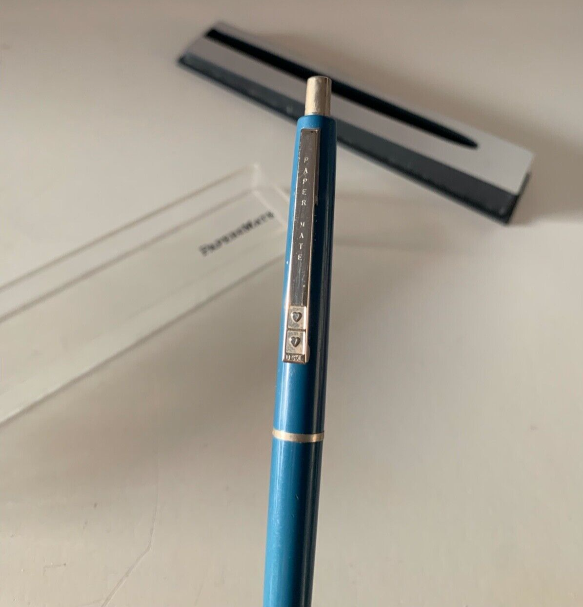 🔴 PAPERMATE penna sfera blu scrive perfettamente con scatola plexy vintage