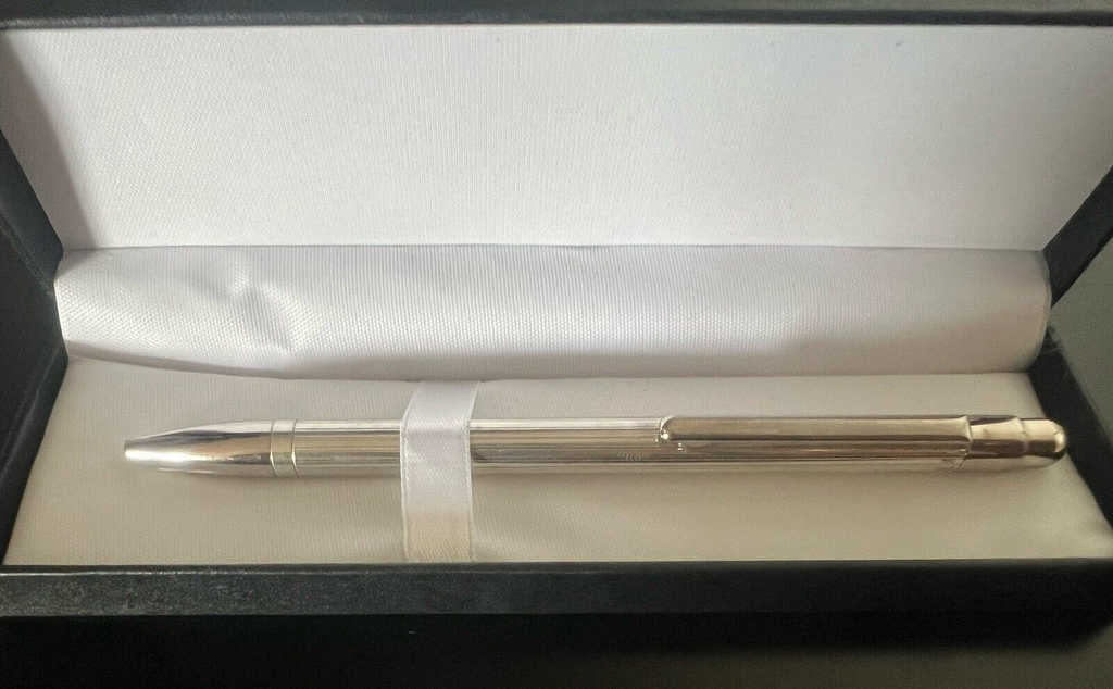 🔴 Penna sfera ARGENTO 925 MASSICCIO 925 righe pulsante a scatto scrive vintage