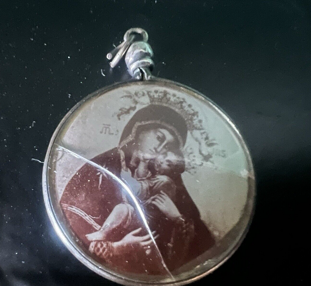 🔴 Ciondolo MADONNA CON BAMBINO santini ARGENTO 800 olografia su carta vintage