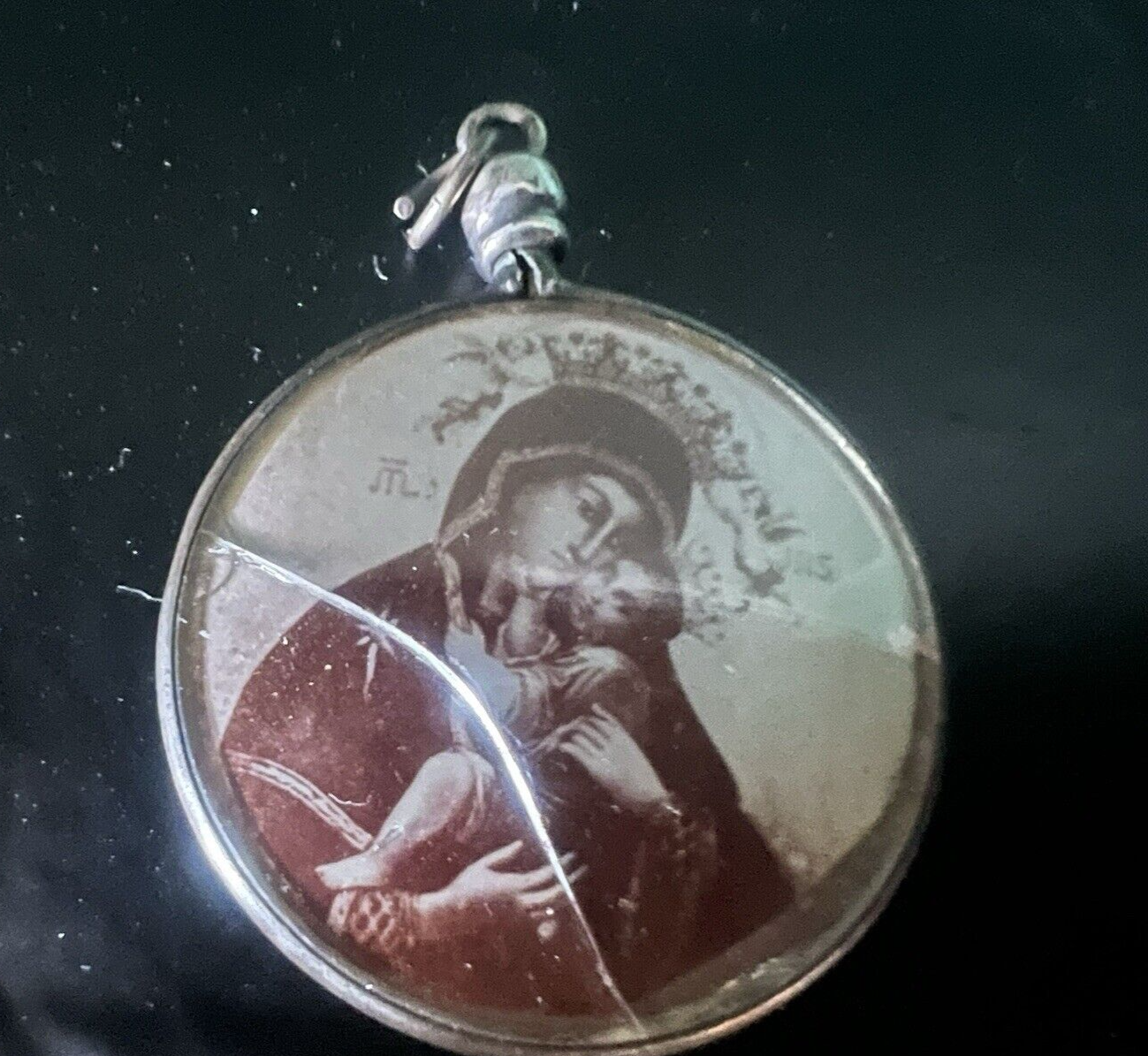 🔴 Ciondolo MADONNA CON BAMBINO santini ARGENTO 800 olografia su carta vintage