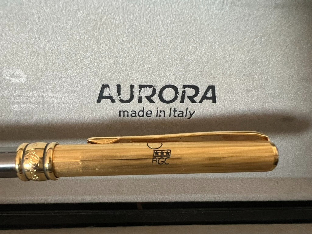 🔴 AURORA penna sfera Magellano lacca canna di fucile e dorata FIGC G