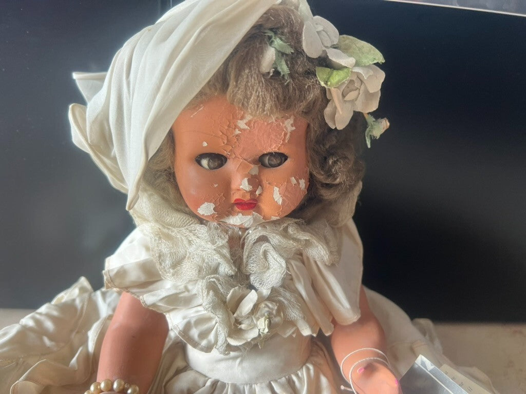 Poupée De Céramique Avec Robe Cousu À Main Hauteur 47cm Arts Articulé Vintage